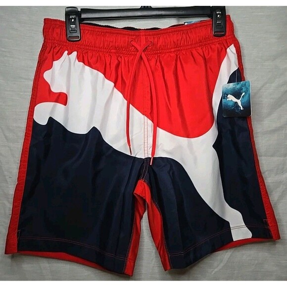 PUMA Men's Small Power Volley Swim Trunk Board Short Swimwear Cat Navy Red 8" - Picture 1 of 8